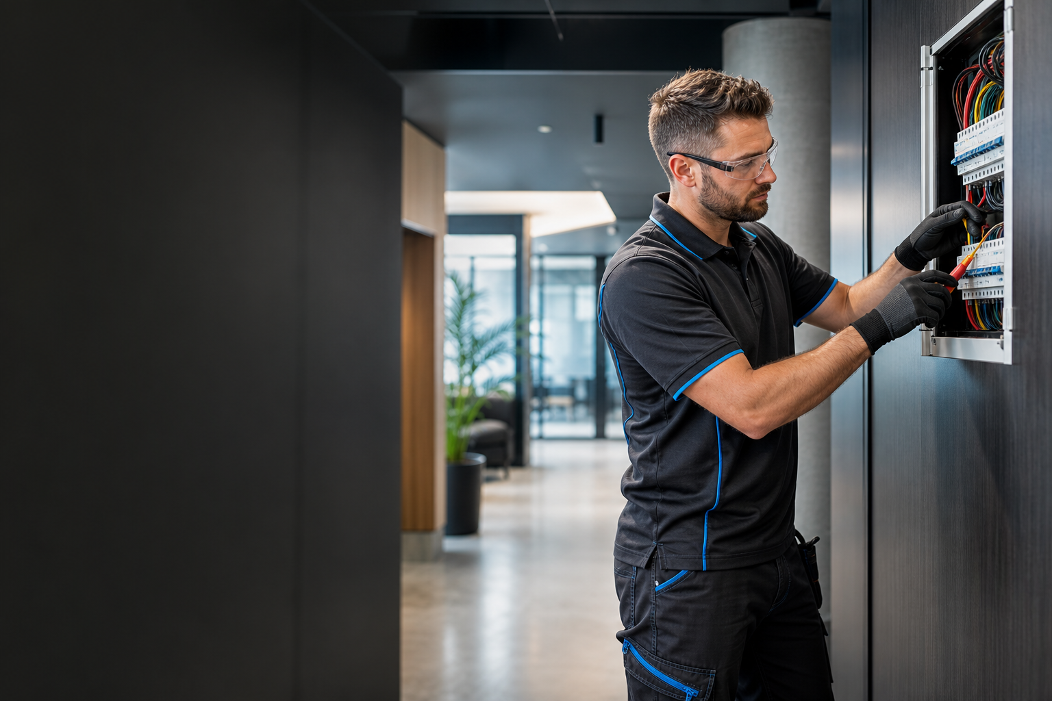 Electrician working on a commercial electrical installation