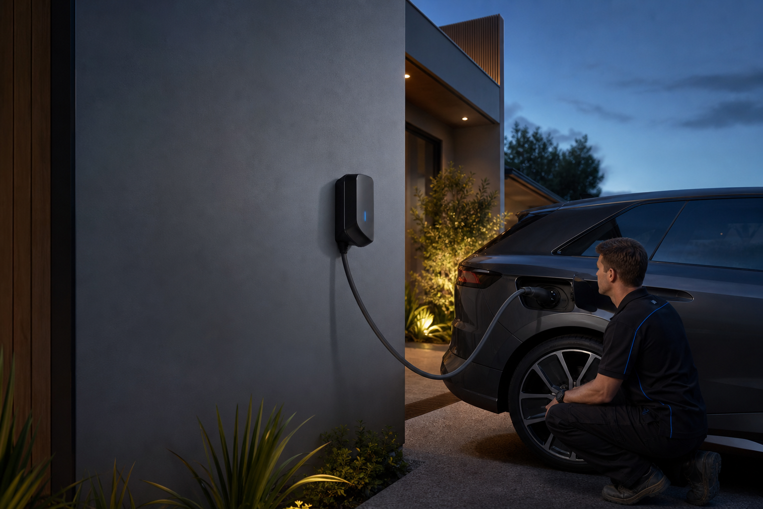Electrician installing an EV charger beside an electric vehicle
