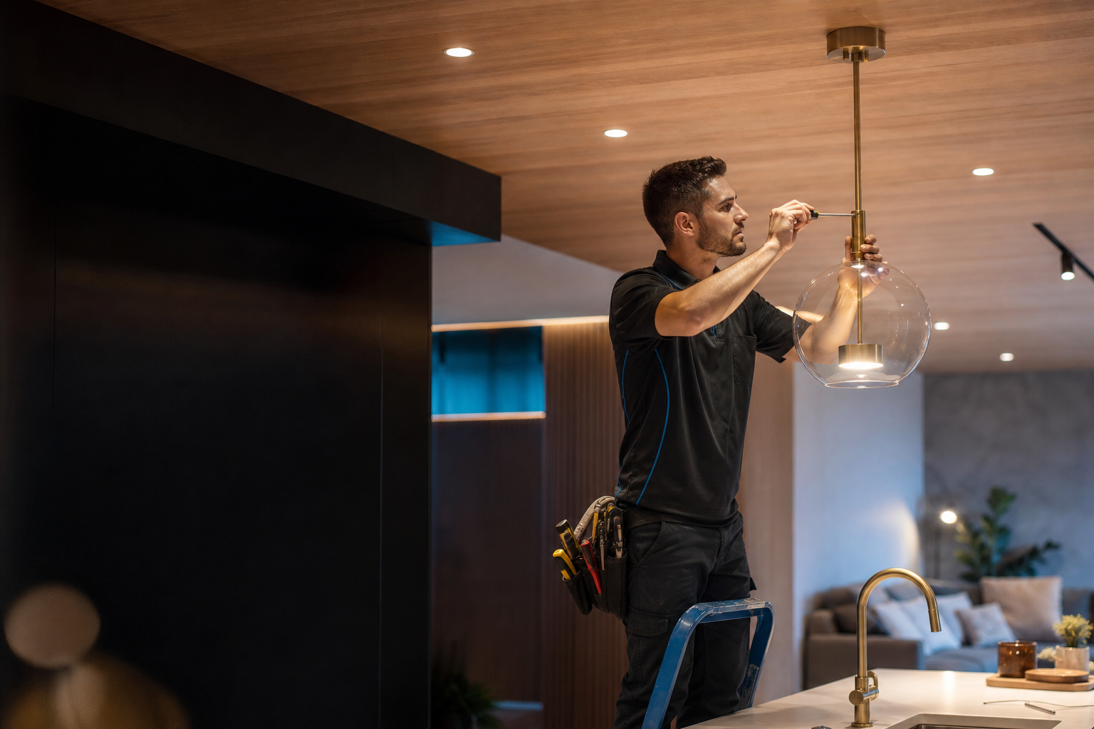 Electrician completing a feature lighting installation