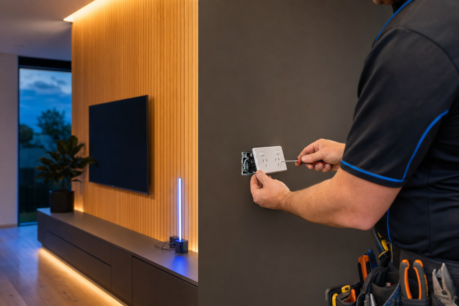 Electrician installing a power outlet in a modern home
